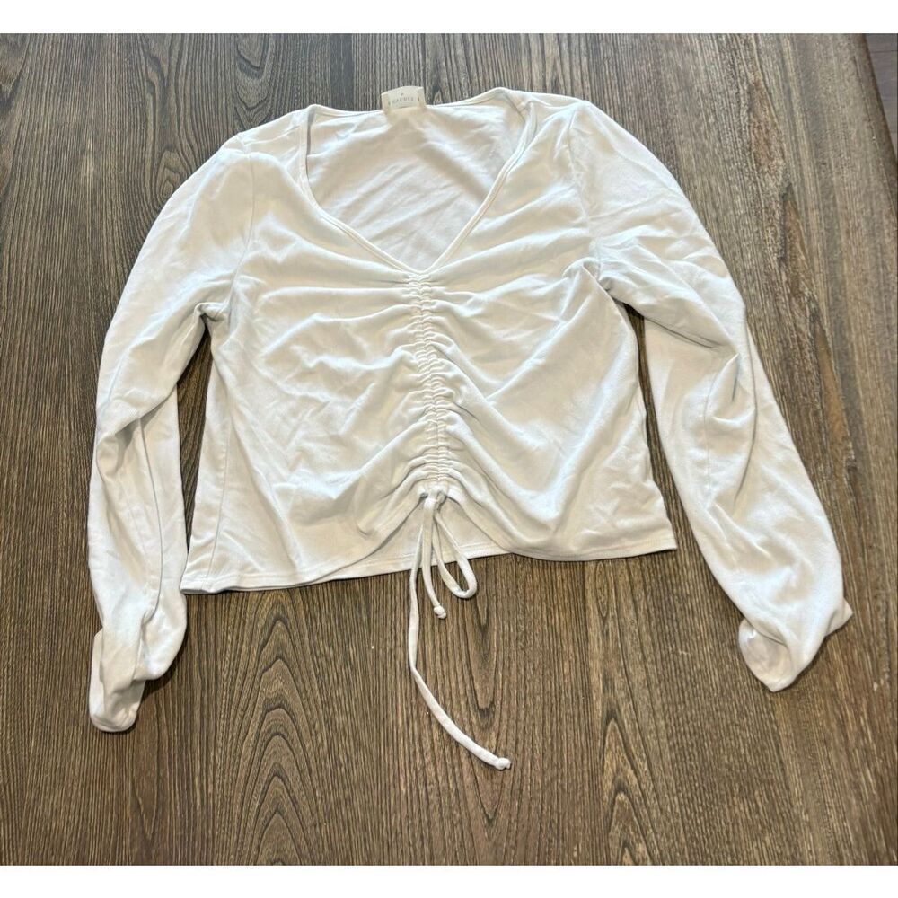 Everly Womens Ruched Long Sleeve V-Neck Top Drawstring Stretch White Size L